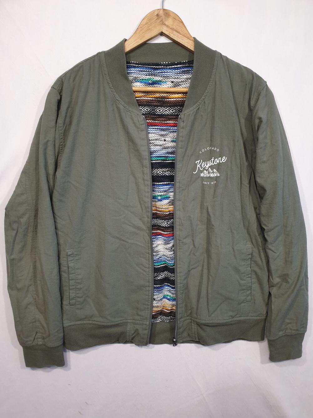 Vtg Independent Trading Co Reversible Bomber Jacket Baja Blanket Olive Mens L